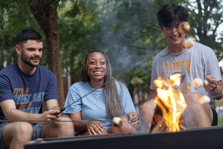 Three friends roast marshmallows over a campfire, smiling and enjoying an outdoor gathering on a sunny day.
